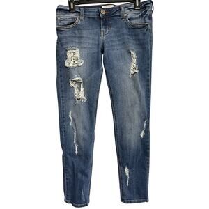 Sun Shadow Ripped Jeans Women Size 5 Dark Blue Denim Low Rise Cotton Y2K